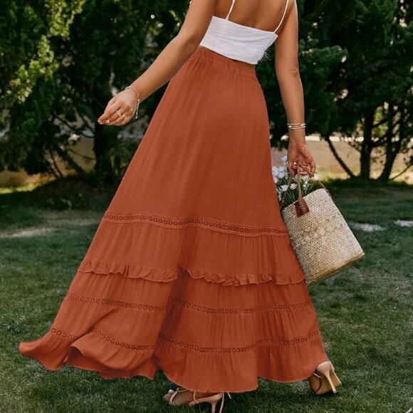 Red Boho Womens Tie Waist Ruffle Hem Skirt - Picture 3 of 5